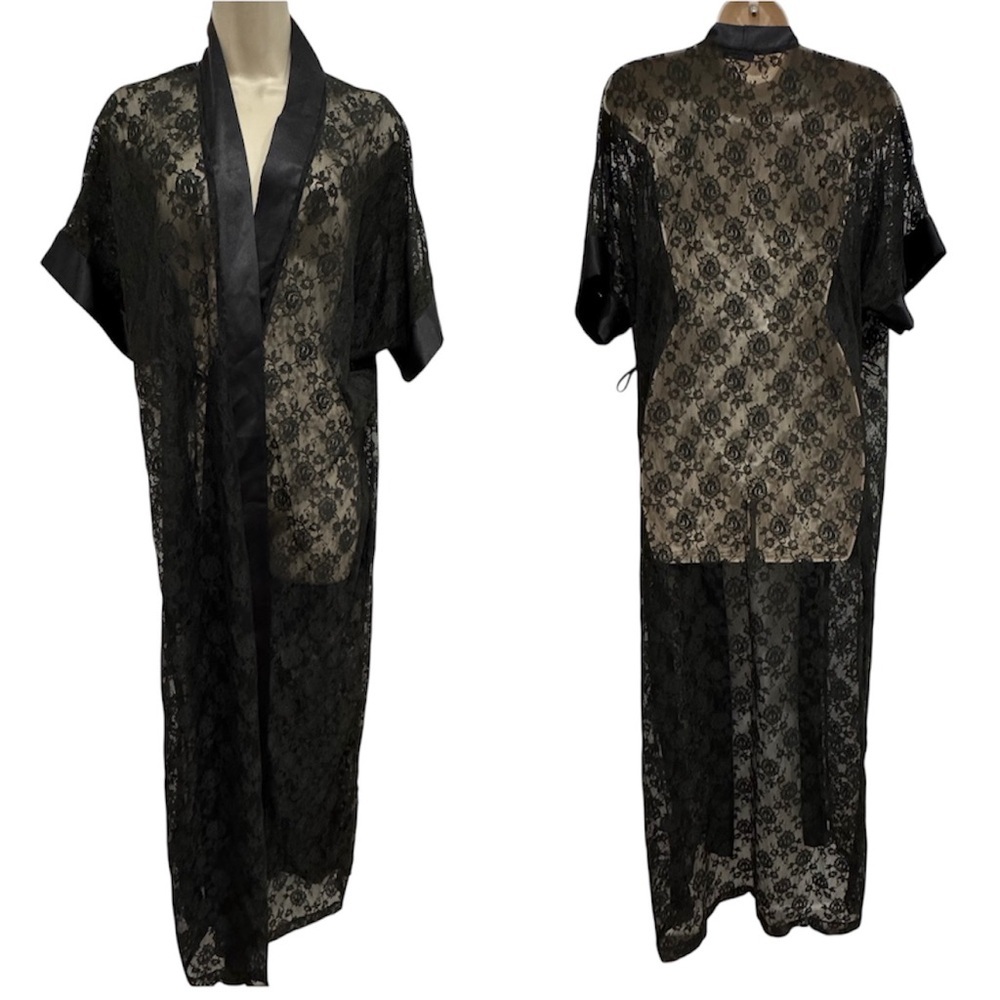 Vintage Blanche‎ Black Lace Nightgown Duster Size M Fairy Gothic Lace Widow